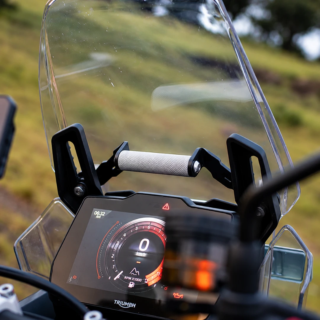 Legundary Ploigos GPS mount in silver and black installed above the Triumph Tiger 900 digital display