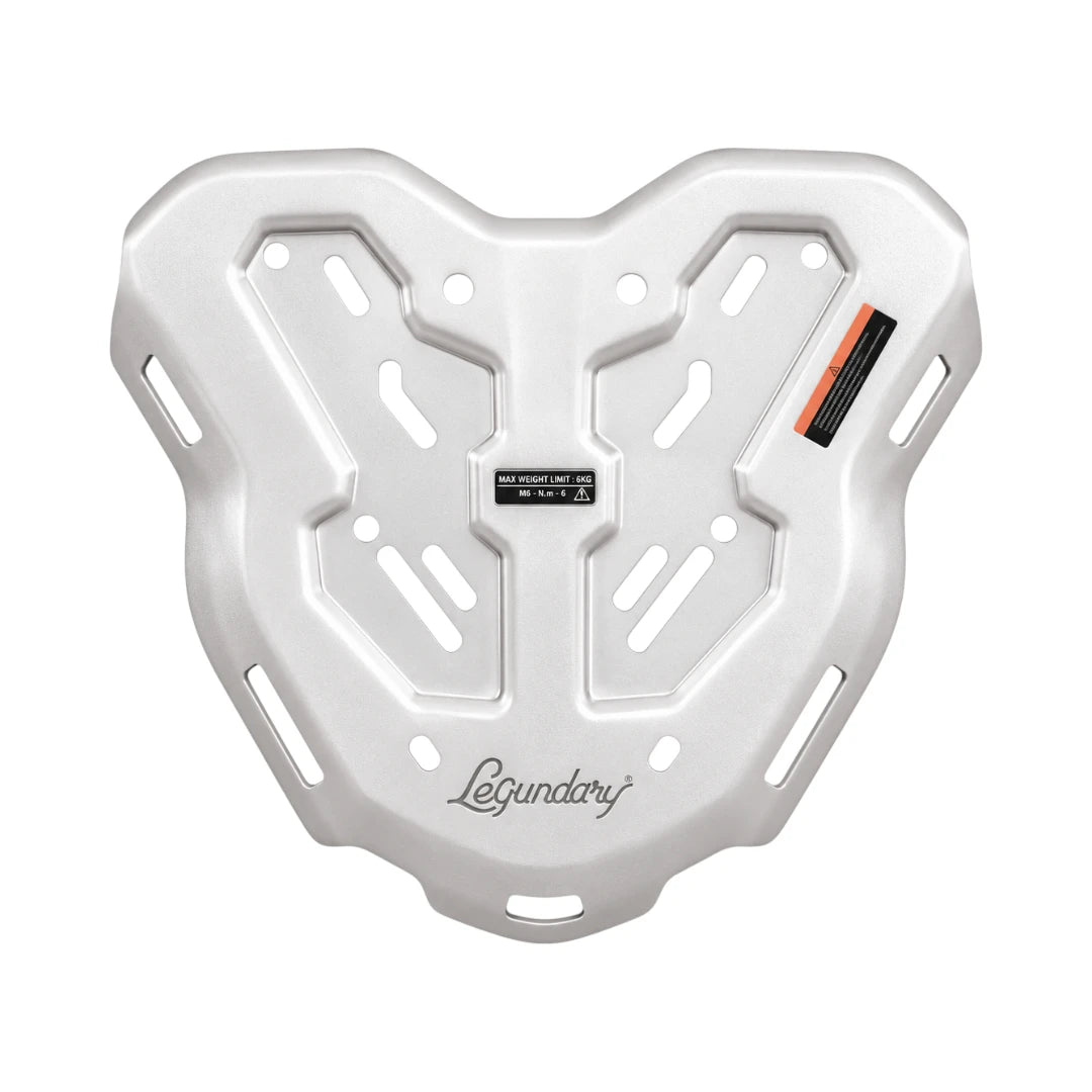 Legundary Genesis black aluminium carrier plate for Triumph Tiger 900 with luggage mounting slots Silver colour