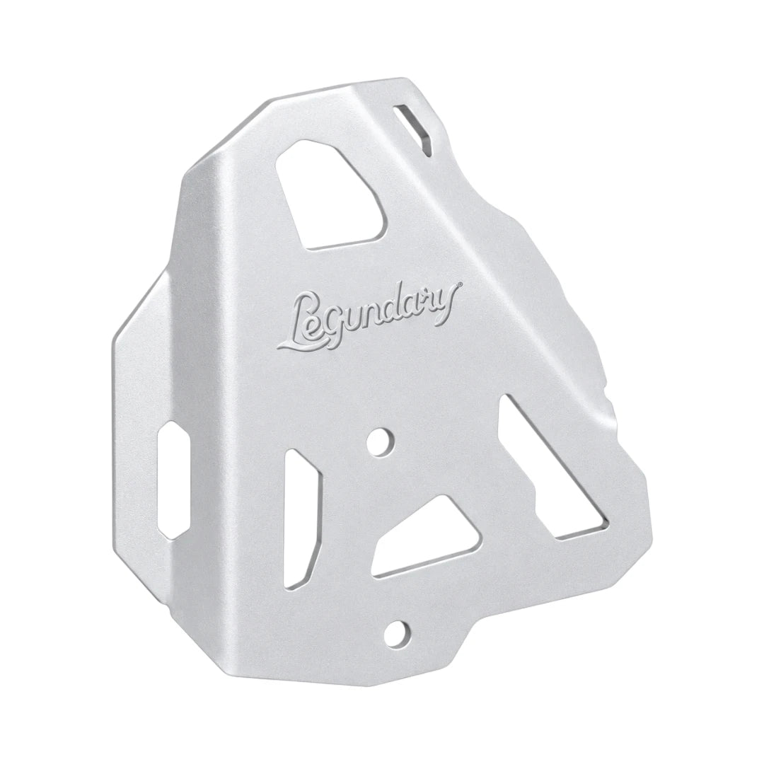 Legundary silver aluminium boot guards for Triumph Tiger 900, designed to protect against boot scuffs.