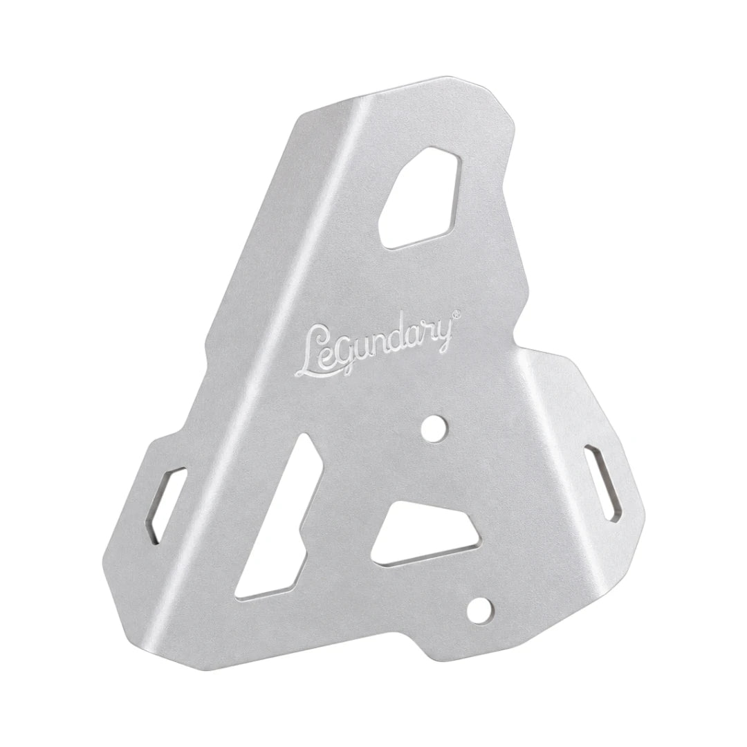 Legundary silver aluminium boot guard for Triumph Tiger 900 with angular design and cutouts