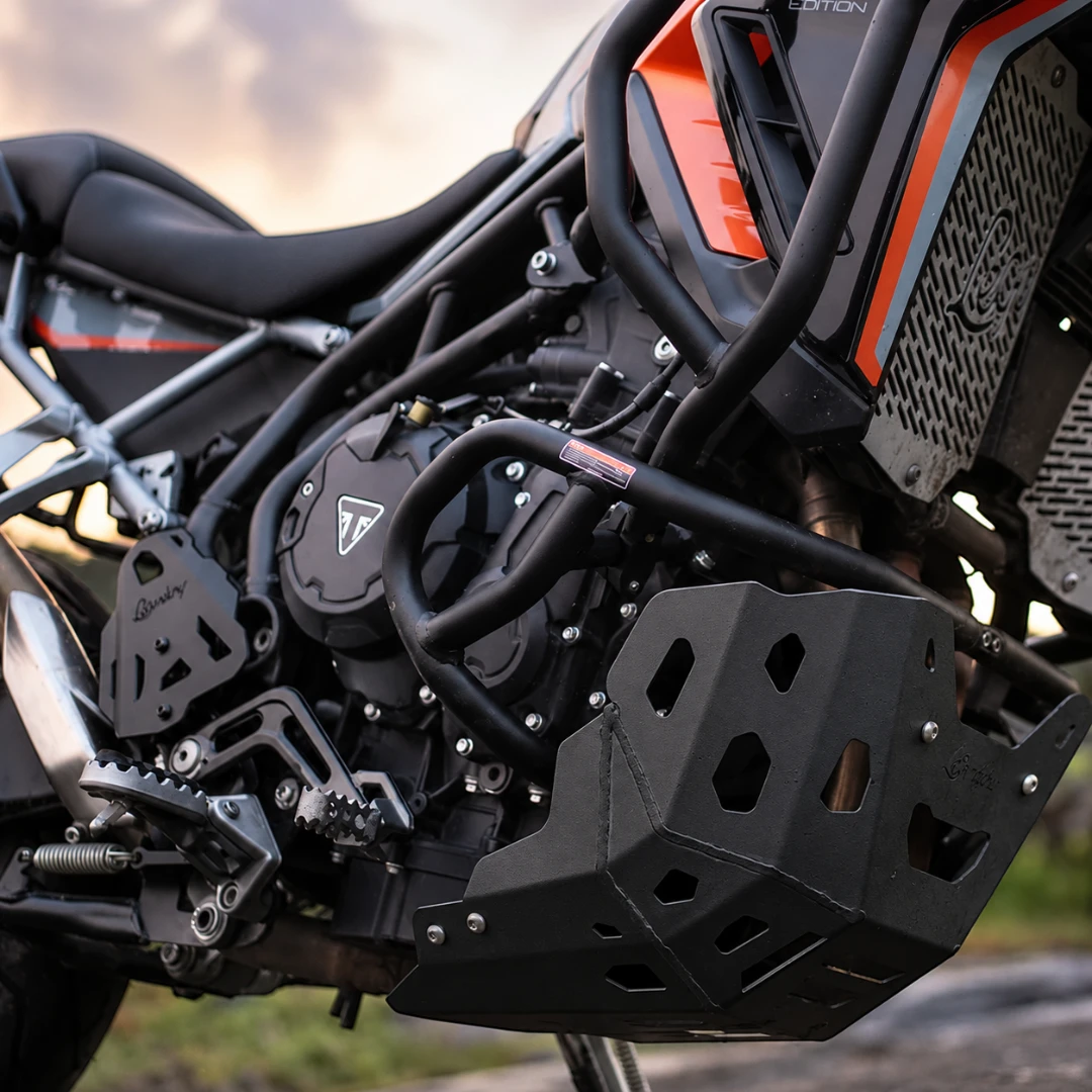 Legundary Vambrace black aluminium bash plate installed on a Triumph Tiger 900 motorcycle
