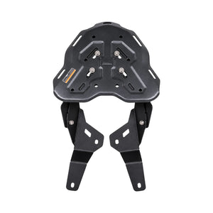 Black metal luggage carrier for TVS Apache RTX 300 with clamp-mount design and integrated mounting plate
