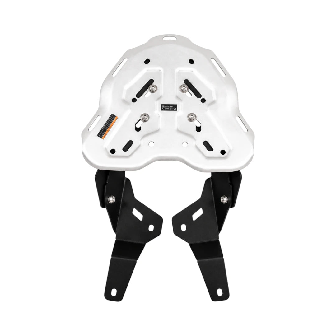 Legundary Genesis luggage carrier for TVS Apache RTX 300 with black mounts and a silver top plate