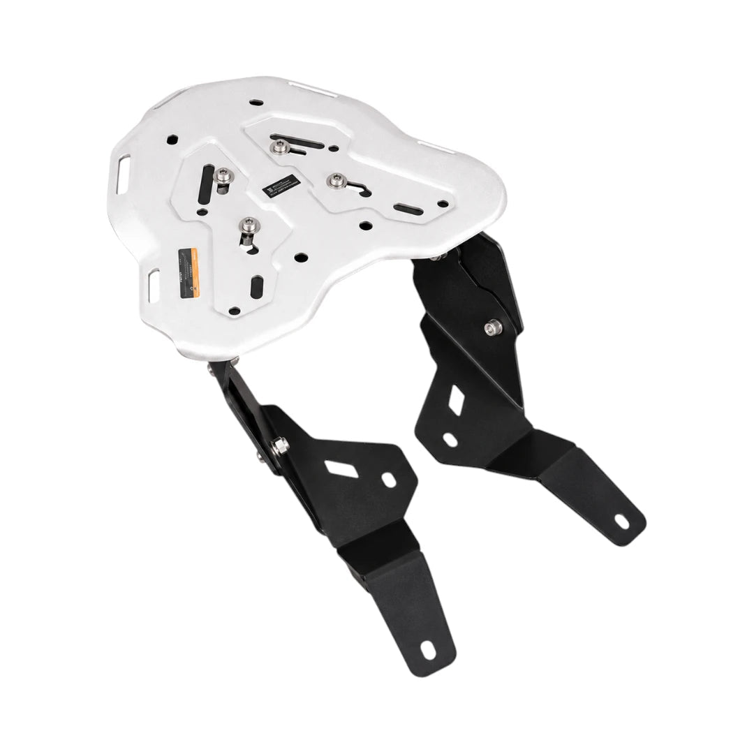 Legundary Genesis luggage carrier for TVS Apache RTX 300 with black mounting arms and silver top plate