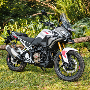 Legundary Raptor crash guard set installed on a white and grey TVS Apache RTX 300 adventure motorcycle