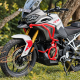 Legundary Raptor red crash guard set installed on a white TVS Apache RTX 300 adventure motorcycle
