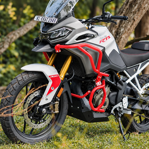 Legundary Raptor red crash guard set installed on a white TVS Apache RTX 300 adventure motorcycle