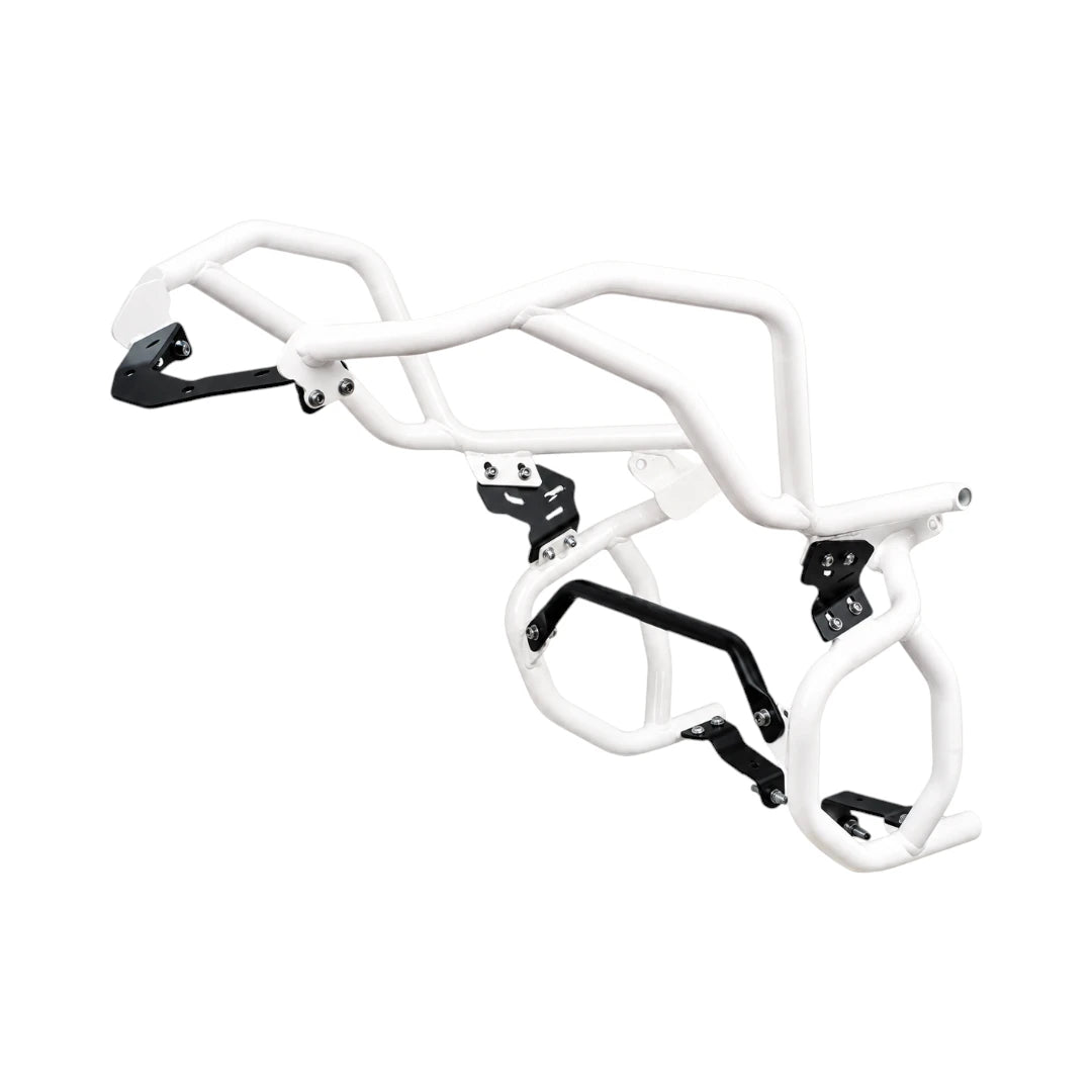 White Legundary Raptor upper and lower crash guard set for TVS Apache RTX 300 motorcycle