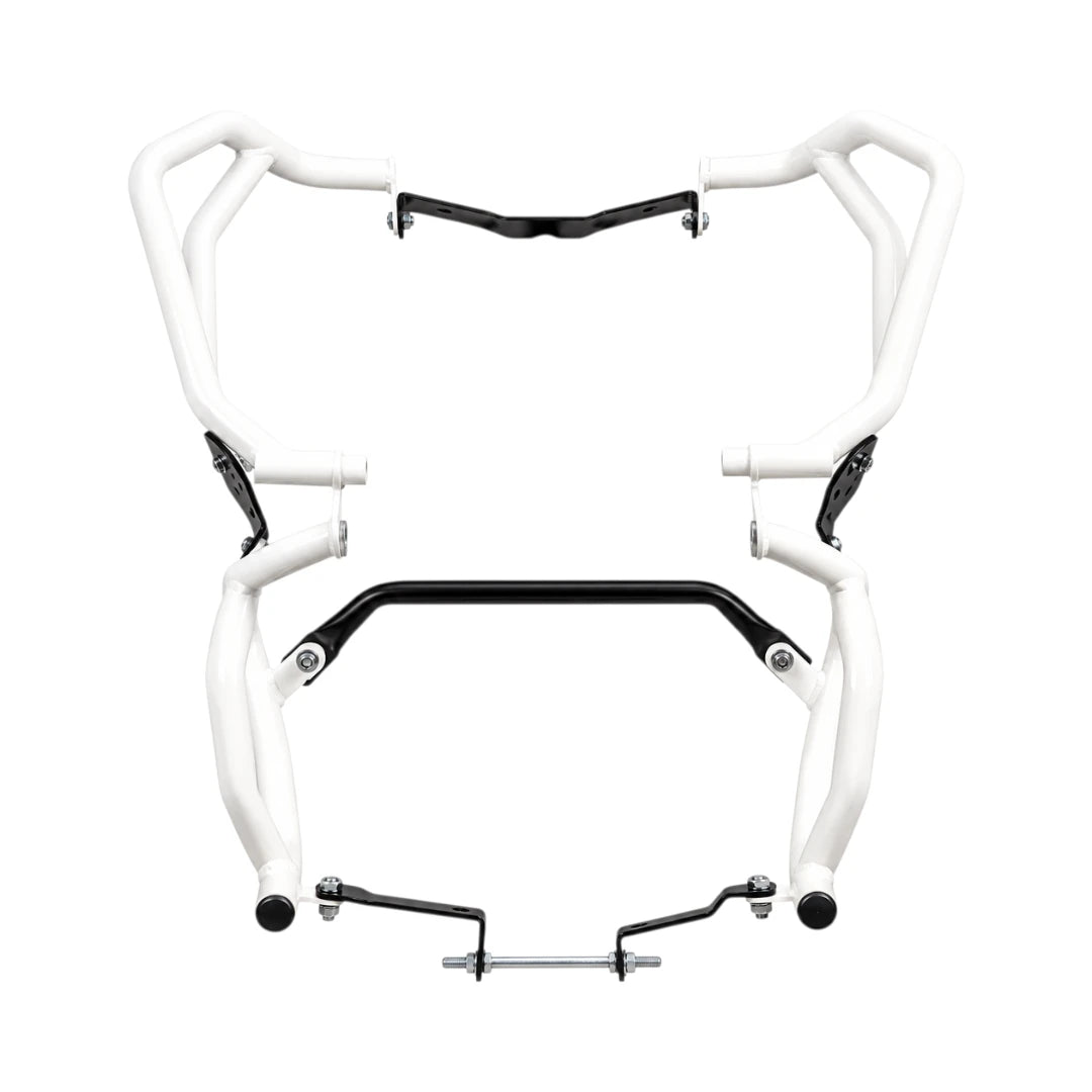White Legundary Raptor upper and lower crash guard set for TVS Apache RTX 300 made of powder-coated steel
