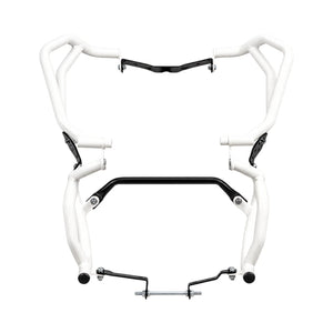 White Legundary Raptor upper and lower crash guard set for TVS Apache RTX 300 made of powder-coated steel