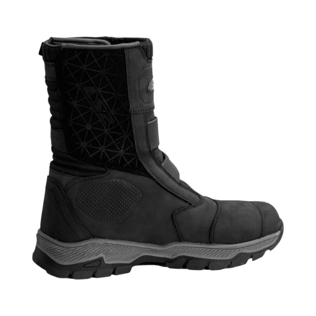 LS2 adventure motorcycle boots in black buffalo leather with waterproof membrane and rubber outsole.