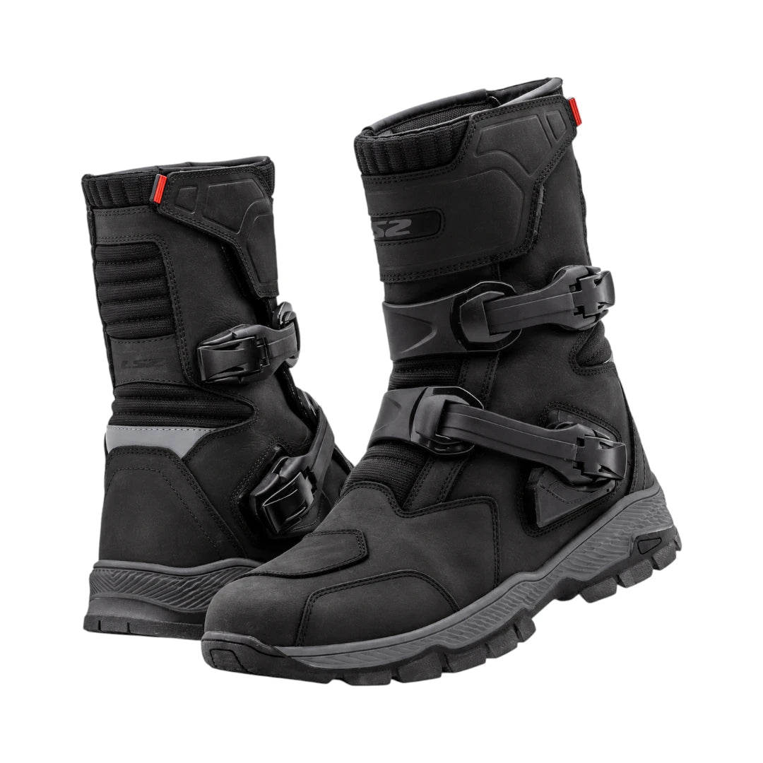 LS2 black buffalo leather adventure motorcycle boots with waterproof membrane, buckles, and reflective strip.