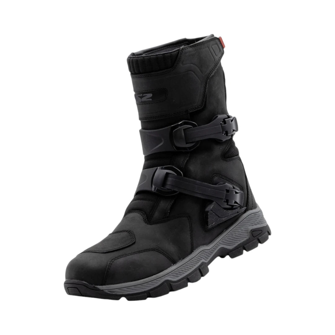 LS2 adventure motorcycle boots in black buffalo leather with adjustable buckles and a rugged rubber outsole.