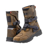 LS2 brown buffalo leather adventure motorcycle boots with adjustable buckles and waterproof design.
