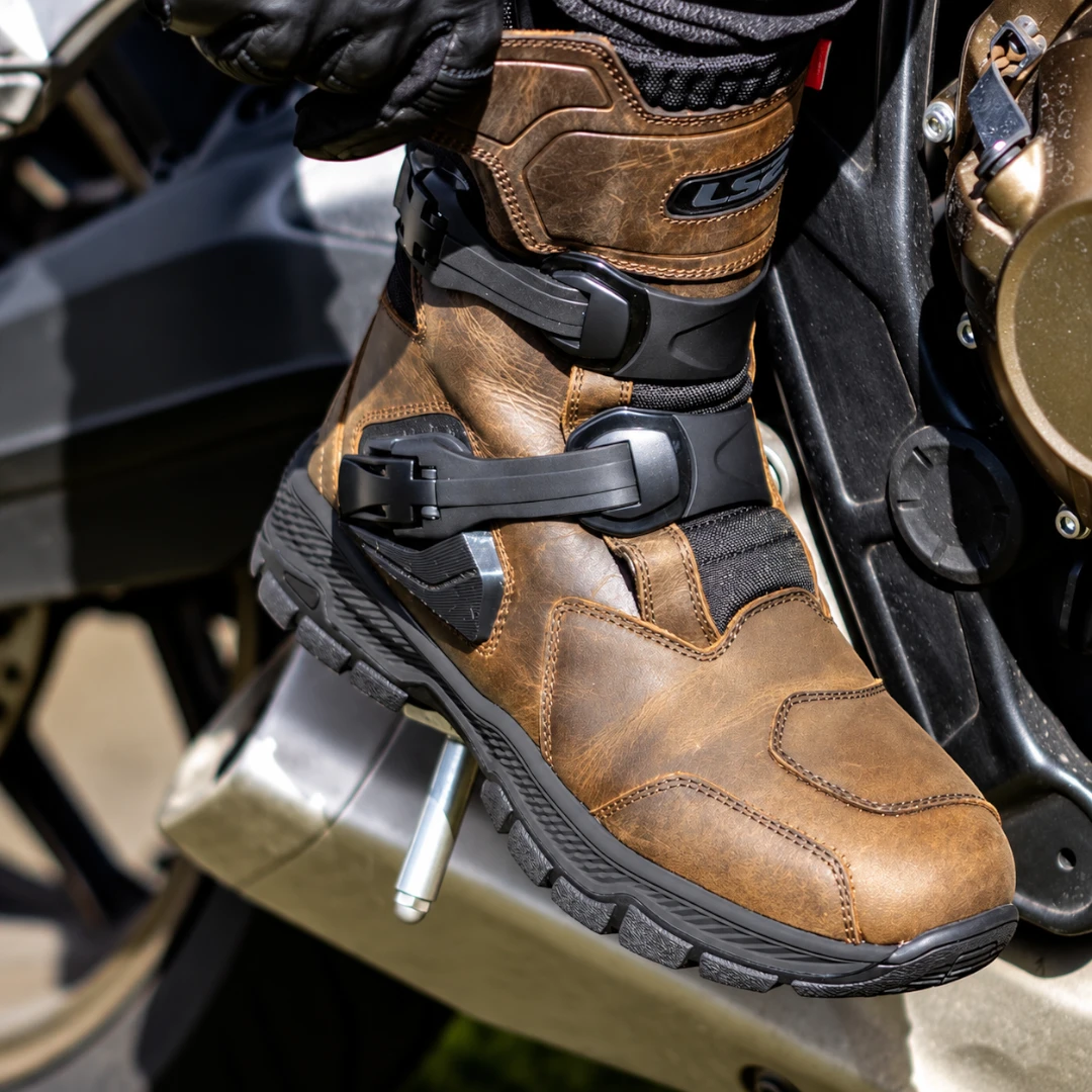 LS2 brown buffalo leather adventure motorcycle boots with adjustable buckles and rubber outsole