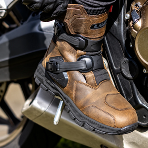 LS2 brown buffalo leather adventure motorcycle boots with adjustable buckles and rubber outsole