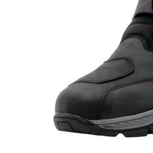 Black buffalo leather adventure motorcycle boots with reinforced toe and durable rubber sole