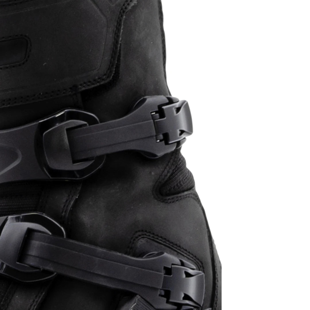 LS2 Adventure boots in black buffalo leather featuring adjustable buckles for a secure fit.