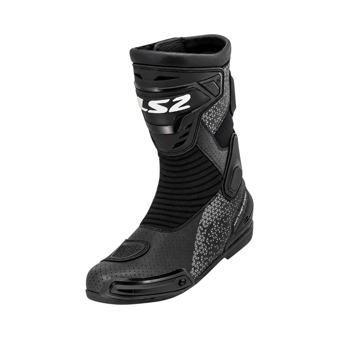 LS2 Assault black motorcycle boots with perforated microfiber leather, TPU protectors, and stretch panels.