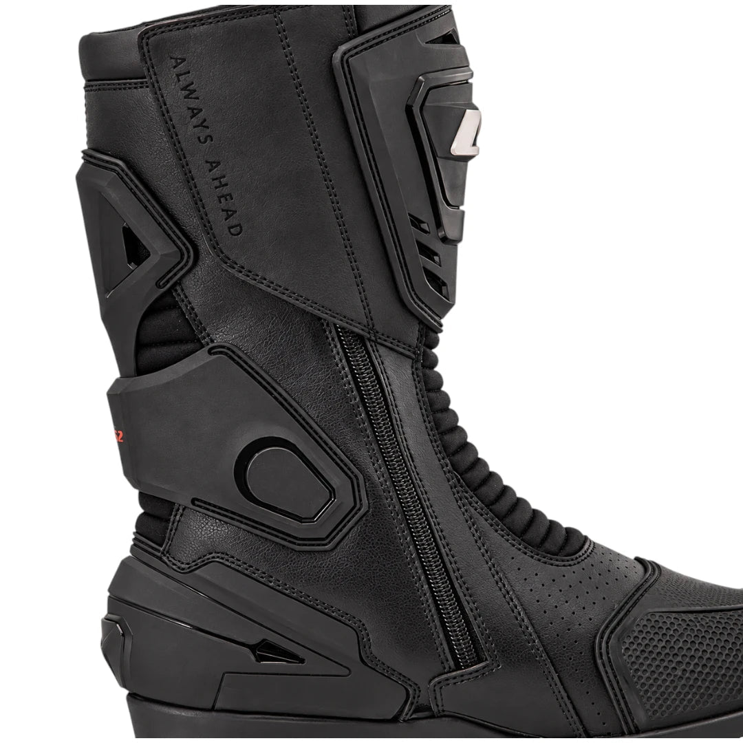 LS2 Assault black motorcycle boots featuring perforated microfiber leather and protective TPU reinforcements.