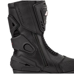LS2 Assault black motorcycle boots featuring perforated microfiber leather and protective TPU reinforcements.