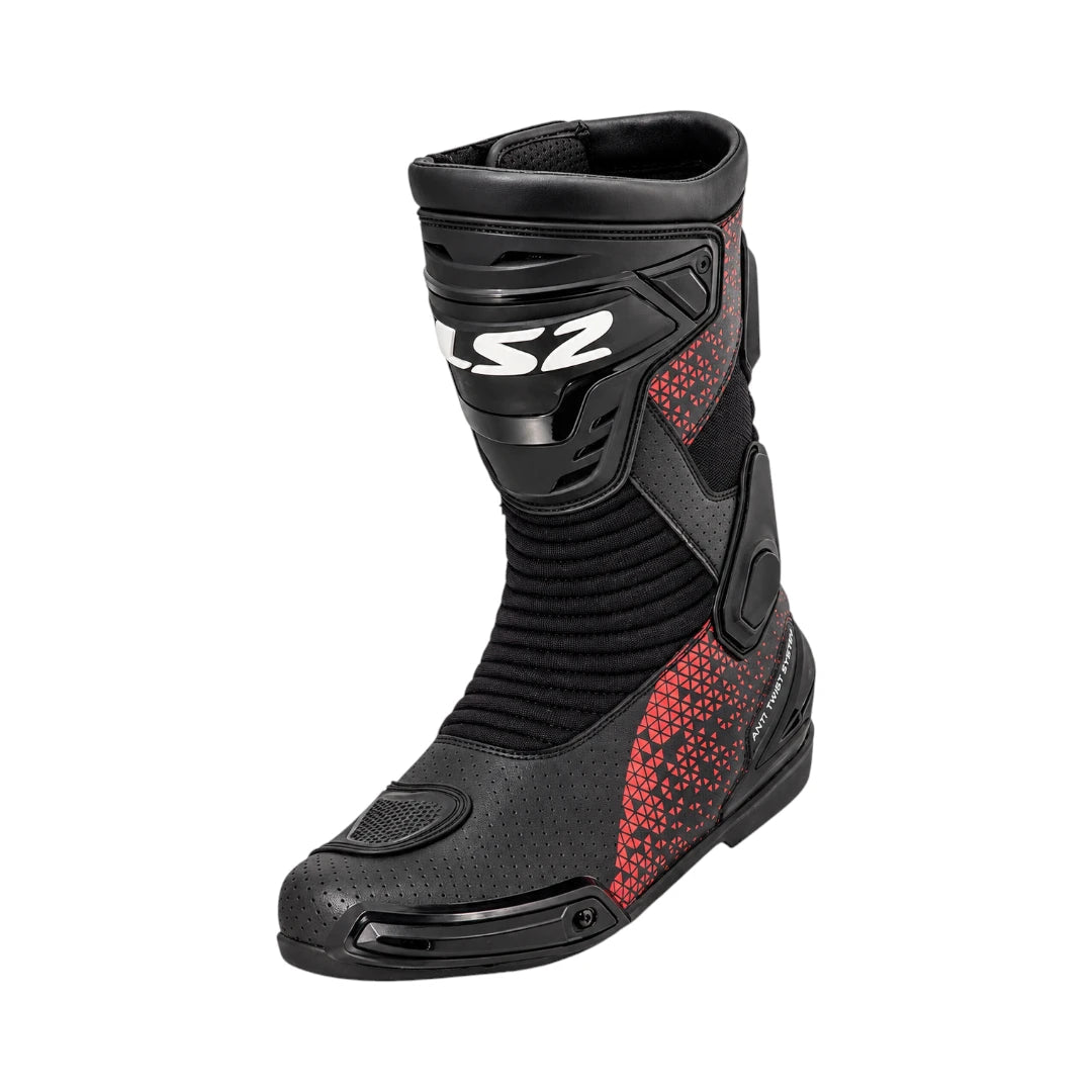 LS2 Assault black and red perforated microfiber motorcycle boots with protective TPU and side reinforcements
