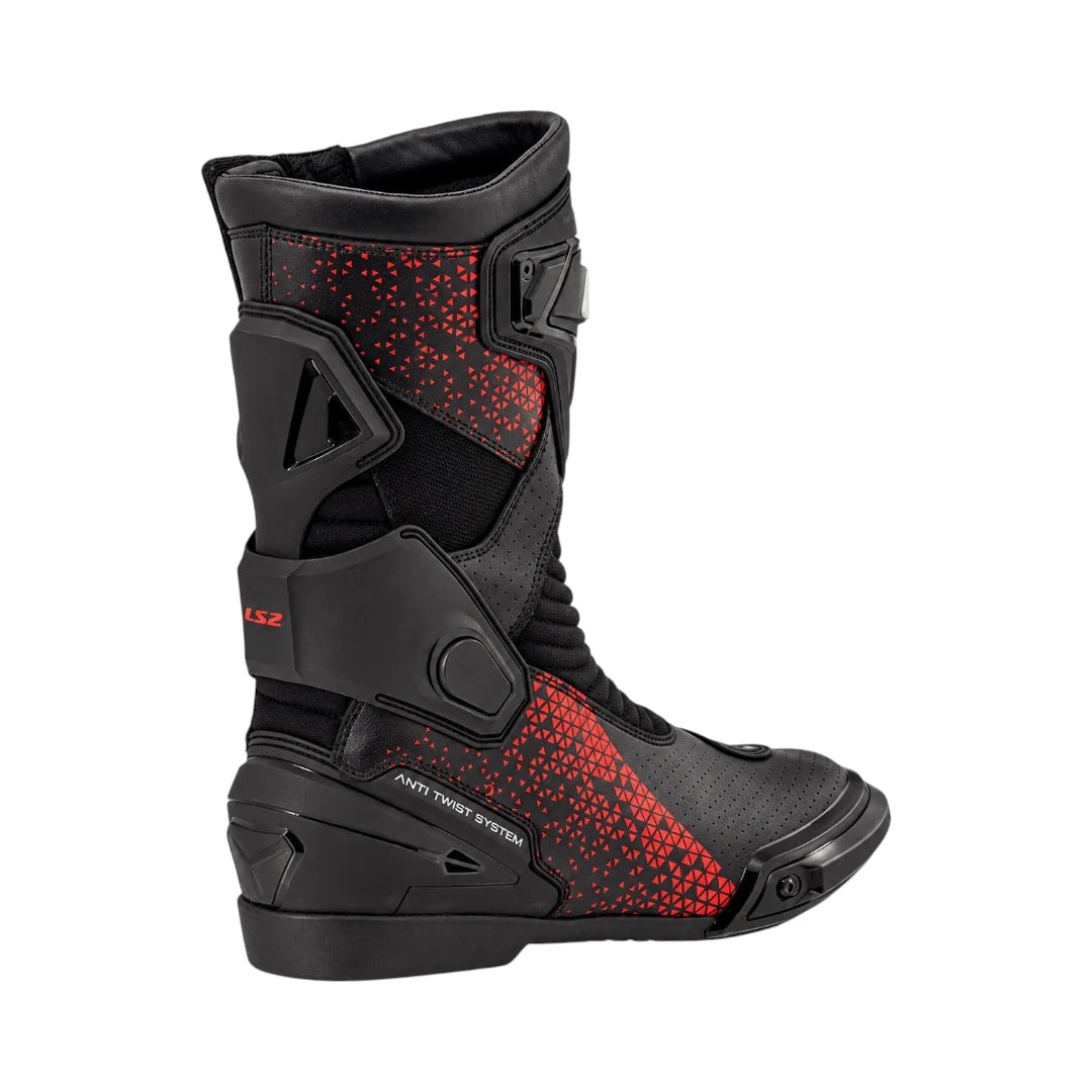 LS2 Assault black and red ventilated motorcycle boots with protective TPU reinforcements and side zipper