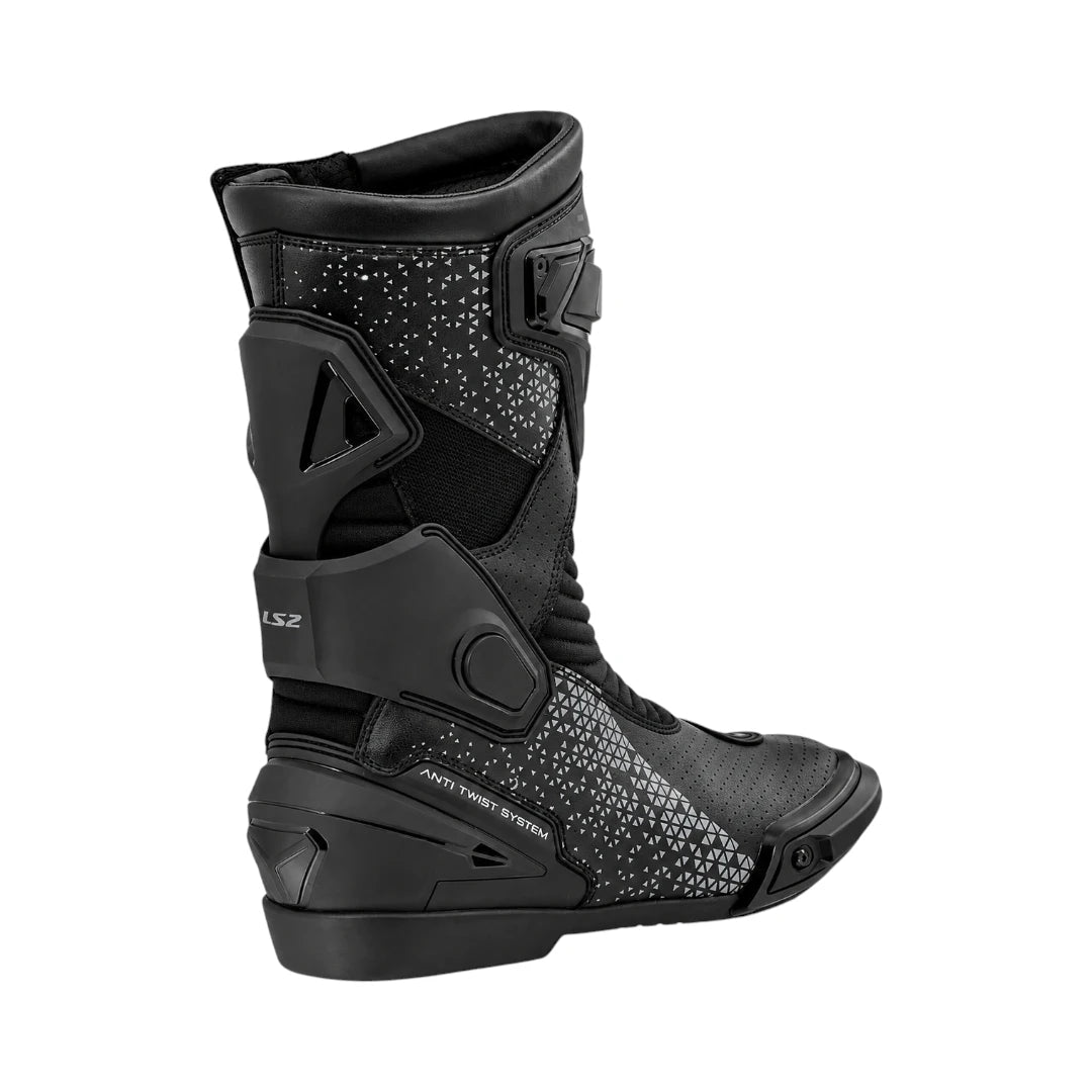 LS2 Assault black motorcycle boots featuring perforated microfiber leather, TPU protectors, and anti-twist system