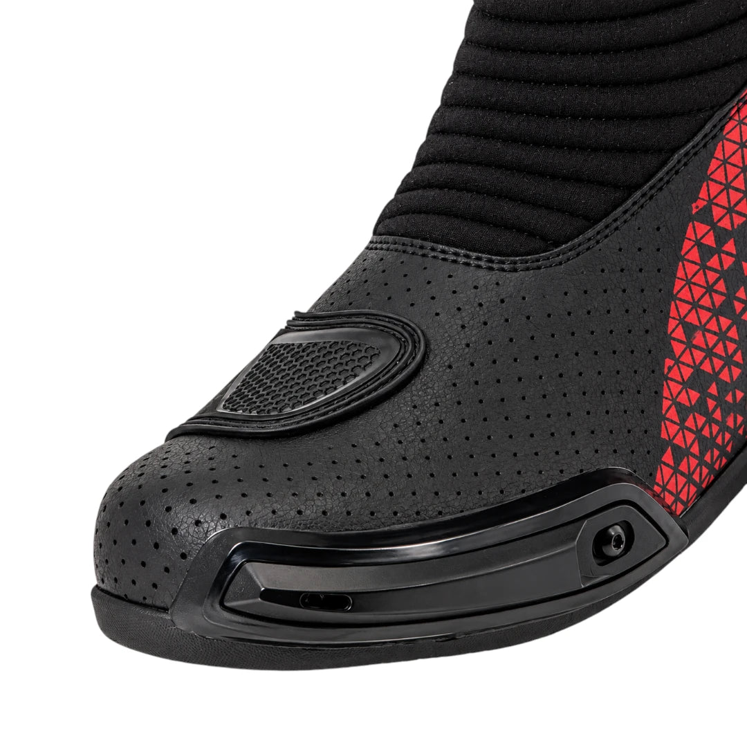 LS2 Assault motorcycle boot in black and red with perforated leather, TPU toe slider, and stretch panels.