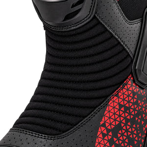 LS2 Assault motorcycle boot featuring black perforated microfiber, red geometric accents, and stretch panels.