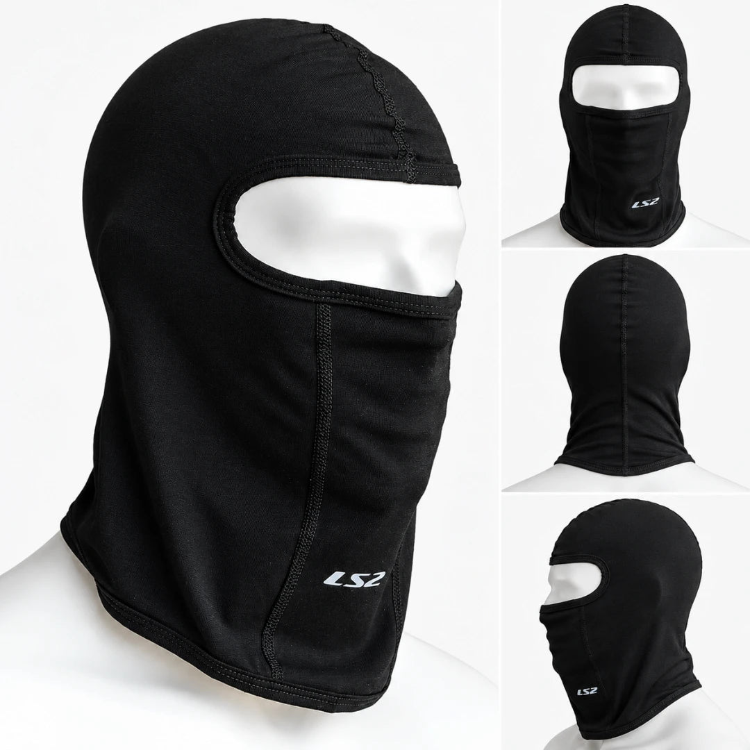 LS2 black cotton motorcycle balaclava on a mannequin head showing front, back, and side views.