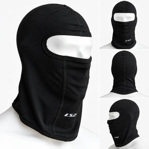 LS2 black cotton motorcycle balaclava on a mannequin head showing front, back, and side views.
