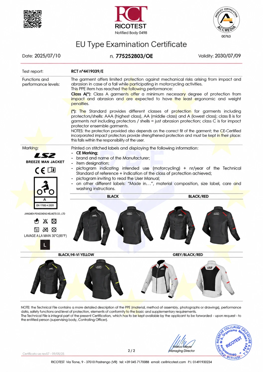 LS2 Breeze motorcycle jacket product range in various colorways shown on a technical certification document