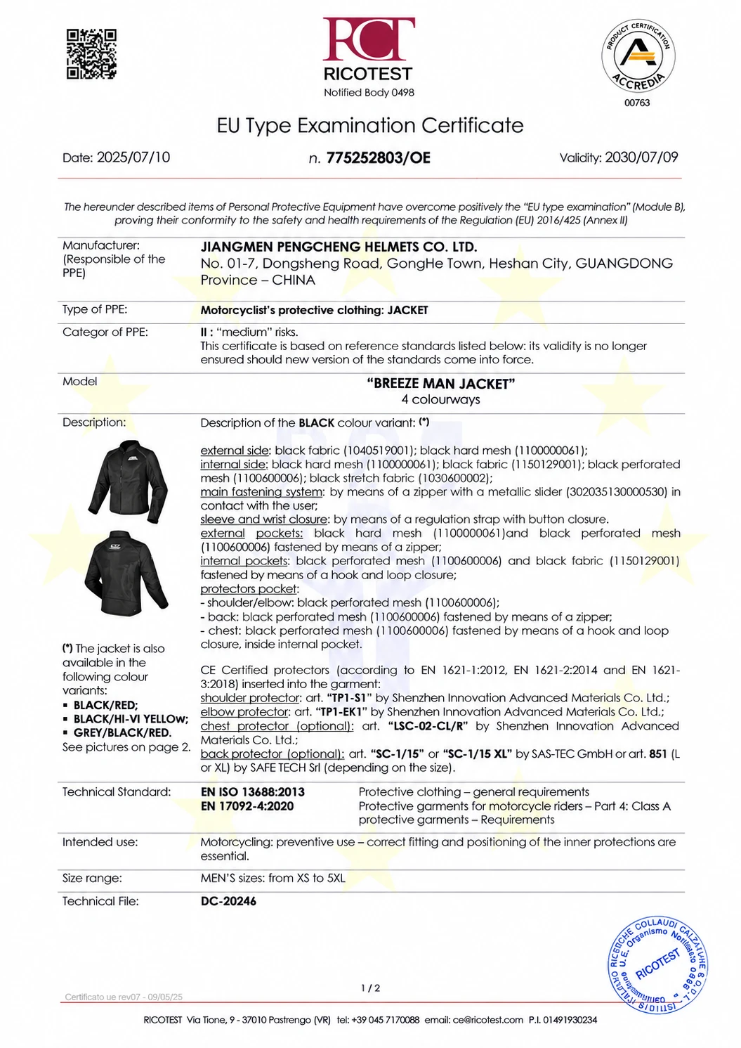 EU Type Examination Certificate for the LS2 Breeze motorcycle jacket showing technical specifications