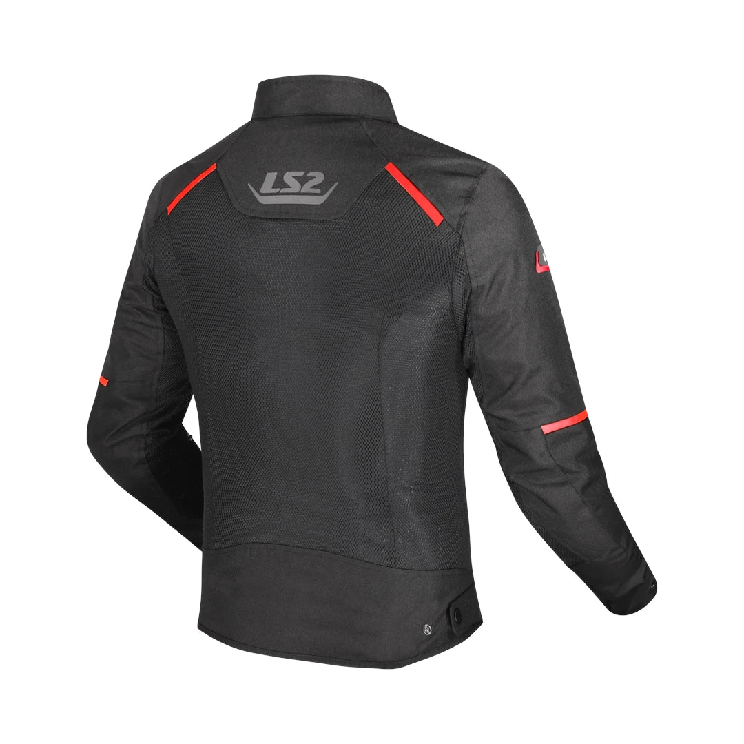 LS2 Breeze CE Class A motorcycle jacket in black and red with mesh panels for summer riding, back view