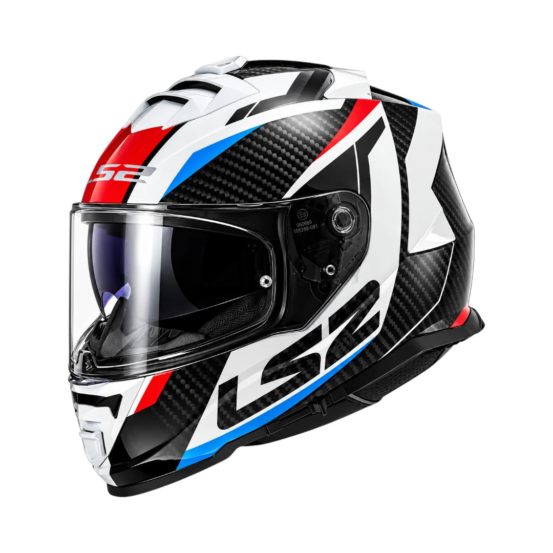 LS2 FF800 Storm II Racer full-face helmet in gloss blue, red, and carbon fiber finish with sun visor.