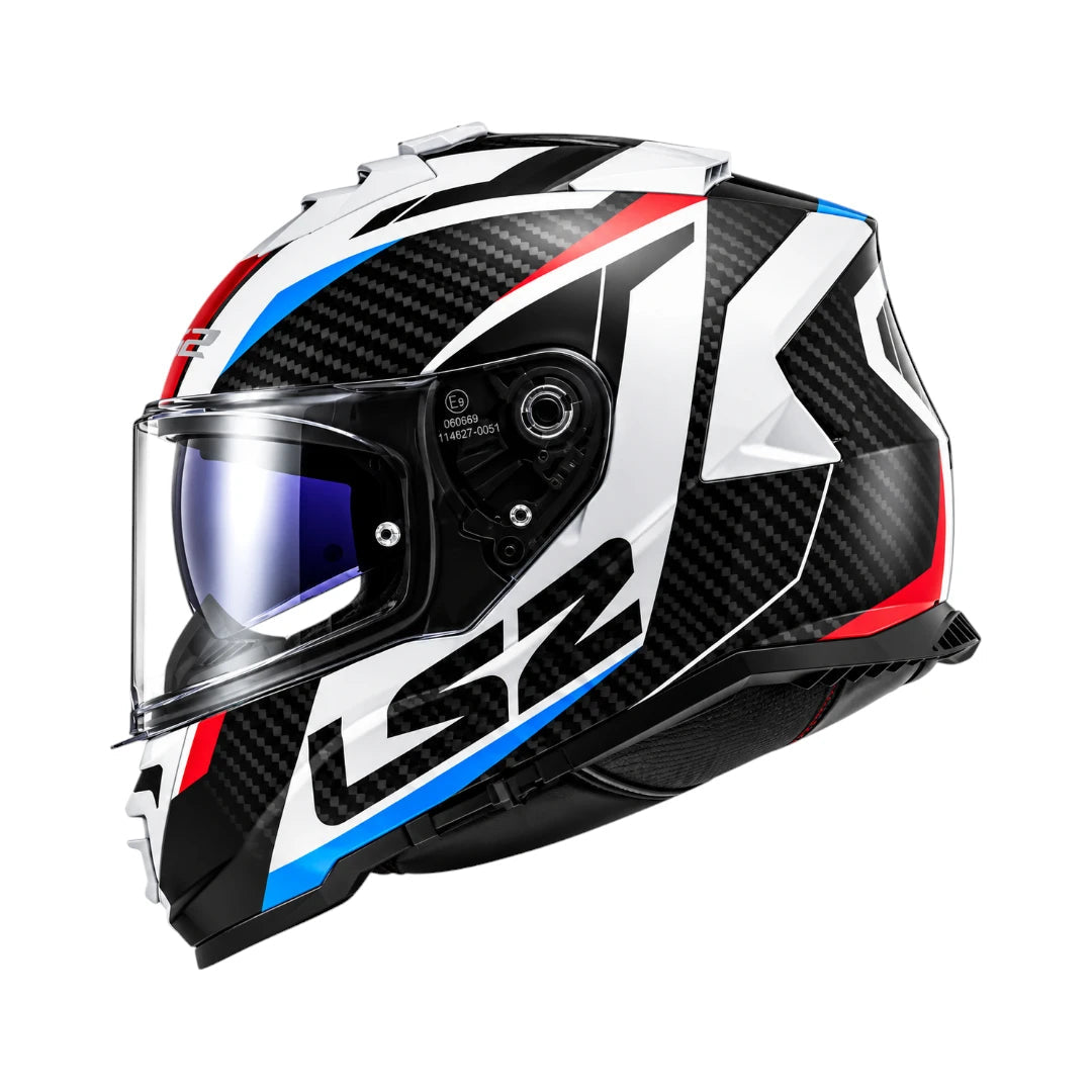 LS2 FF800 Storm II Racer full-face motorcycle helmet in blue, red, and white with a carbon fiber pattern.