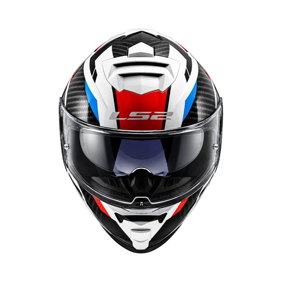 LS2 FF800 Storm II Racer full-face motorcycle helmet in gloss blue, red, and white with carbon fiber detail.