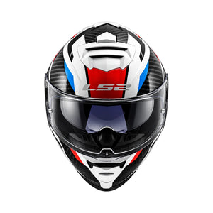 LS2 FF800 Storm II Racer full-face motorcycle helmet in gloss blue, red, and white with carbon fiber detail.
