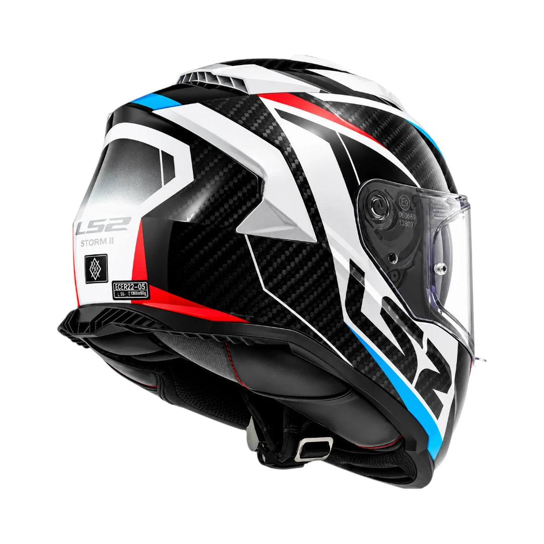 LS2 FF800 Storm II Racer helmet in blue, red, and white gloss with carbon fiber pattern, rear view.