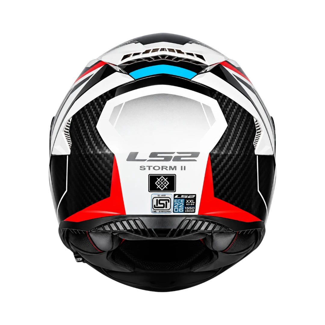 LS2 FF800 Storm II Racer helmet in red, blue, and white with carbon fiber details, rear view.