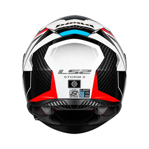LS2 FF800 Storm II Racer helmet in red, blue, and white with carbon fiber details, rear view.
