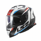 LS2 FF800 Storm II Racer Red Blue full-face motorcycle helmet featuring a sporty aerodynamic shell, striking red and blue graphics, clear visor, efficient ventilation system, comfortable interior lining, and ECE 22.06-certified rider protection.