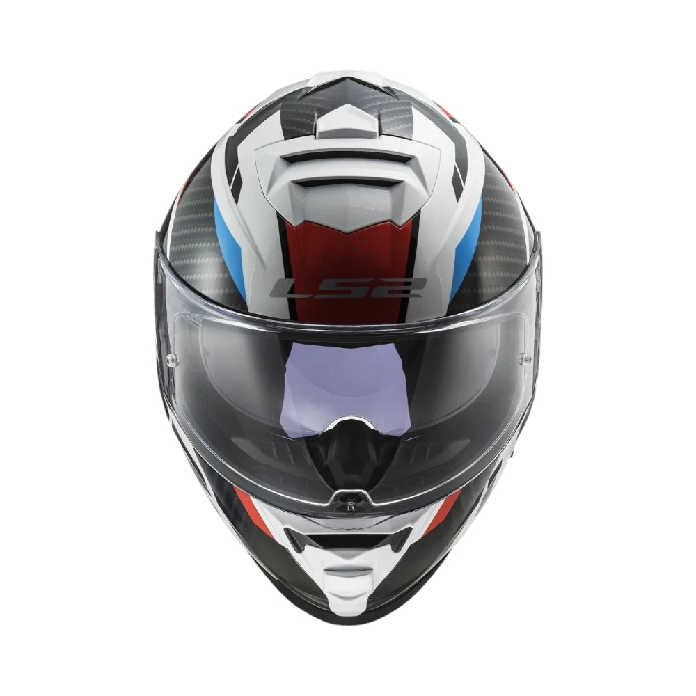 LS2 FF800 Storm II Racer Red Blue full-face motorcycle helmet featuring a sporty aerodynamic shell, striking red and blue graphics, clear visor, efficient ventilation system, comfortable interior lining, and ECE 22.06-certified rider protection.