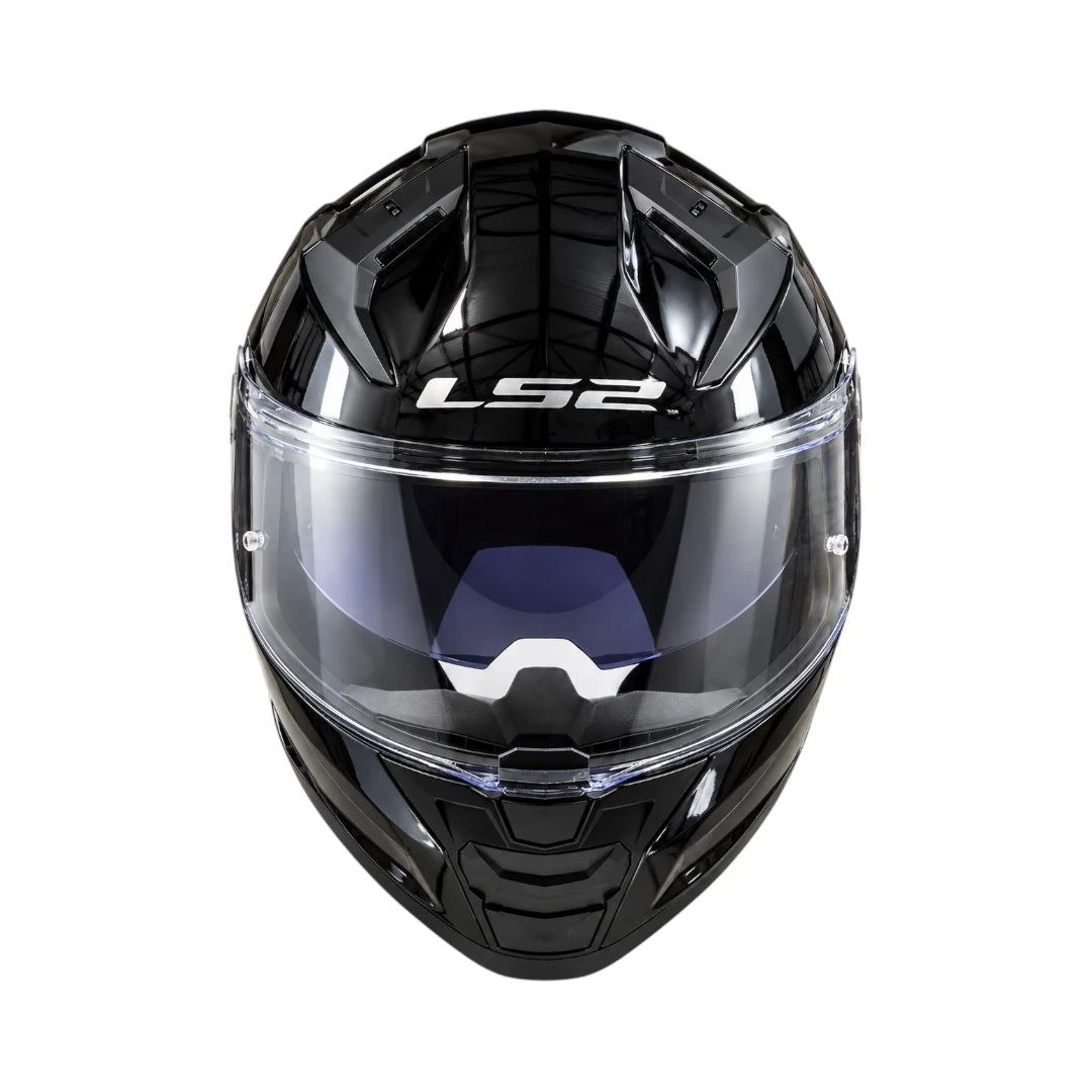LS2 FF811 Vector II full-face motorcycle helmet in solid gloss black with a clear visor and top vents.