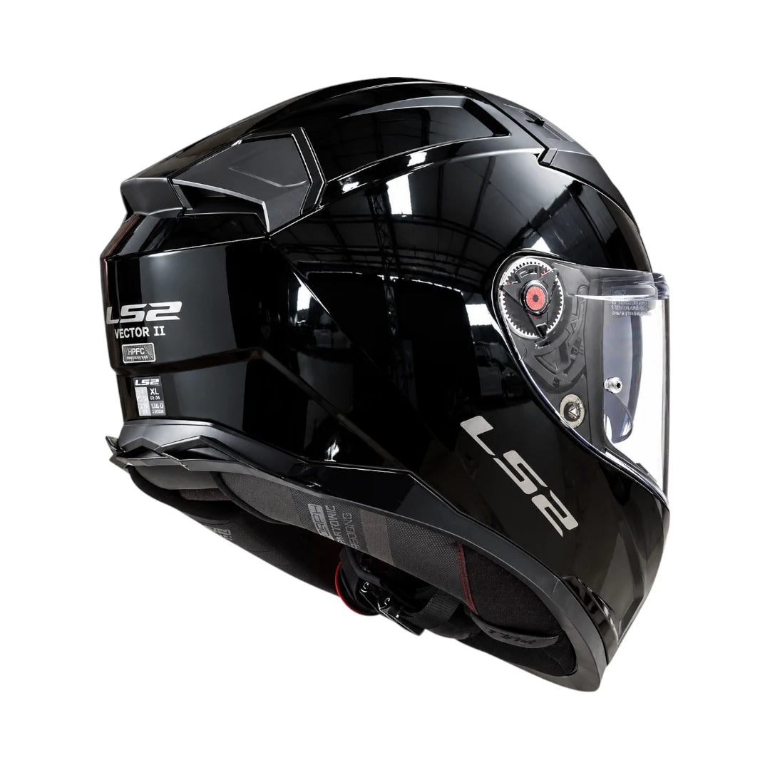 LS2 FF811 Vector II full-face motorcycle helmet in solid gloss black with a clear visor and aerodynamic shell.