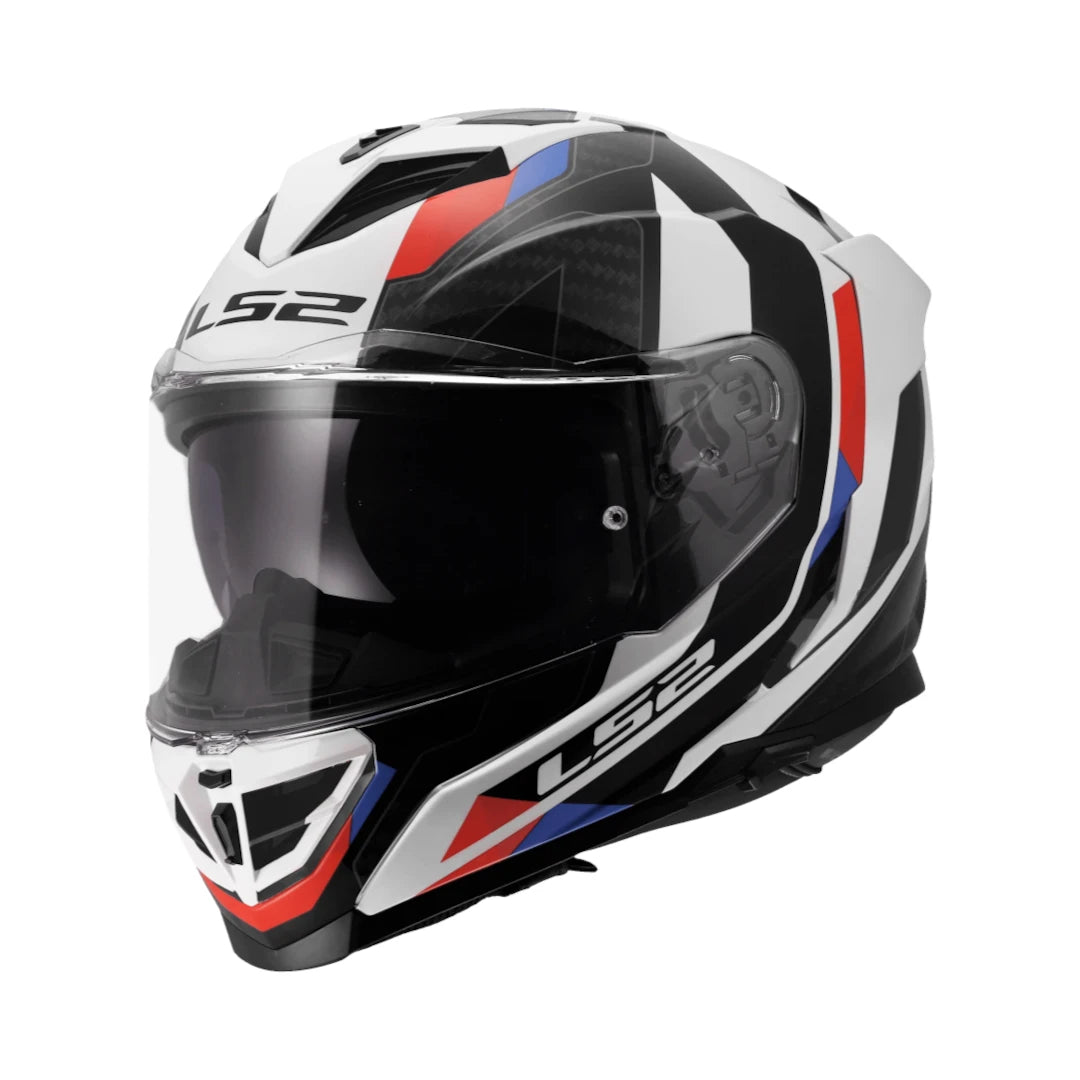 LS2 FF818 Storm 3 full face motorcycle helmet in white, black, red, and blue sporty graphic design