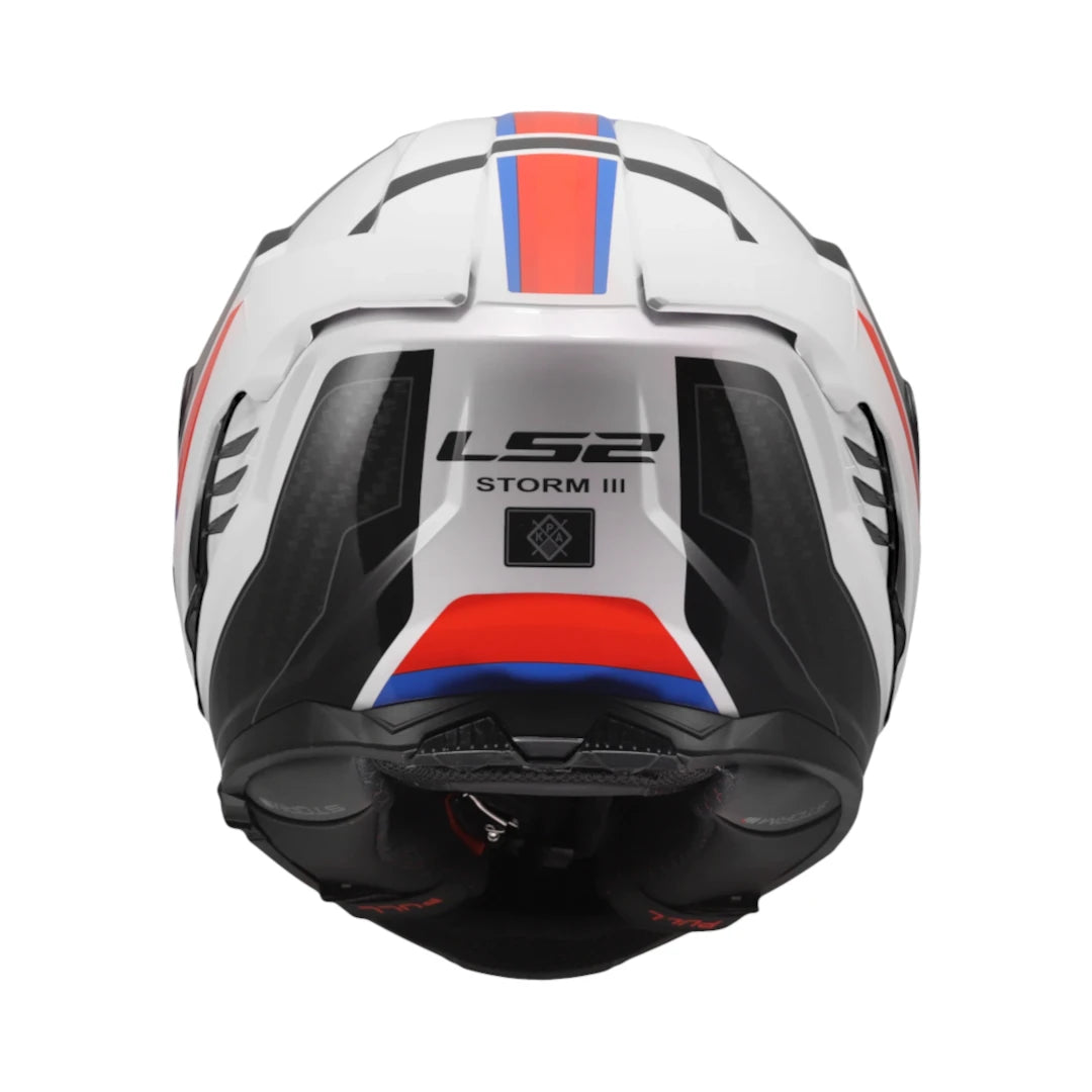 Rear view LS2 FF818 Storm 3 motorcycle helmet in white with red and blue racing stripes