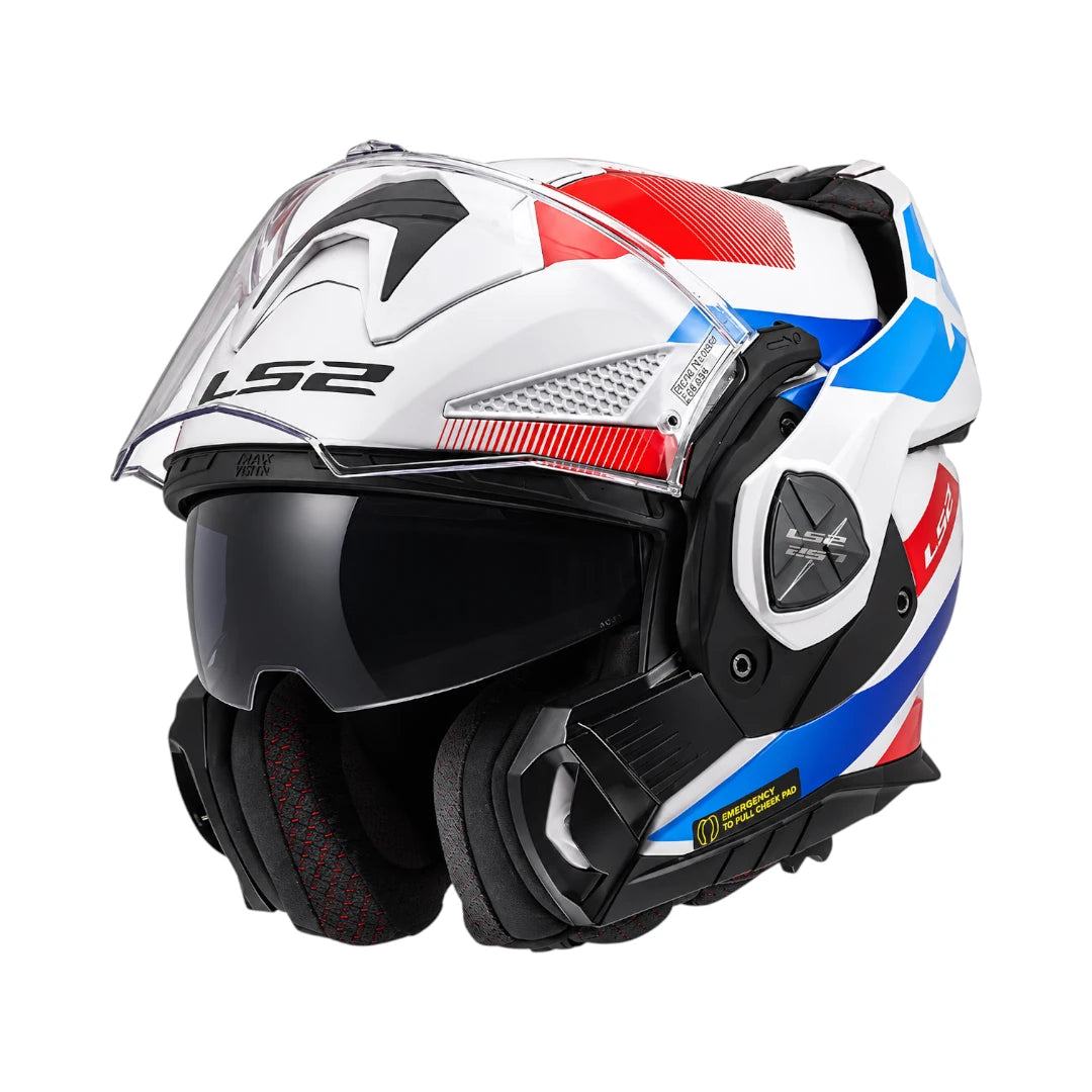 LS2 FF901 Advant X Nova convertible motorcycle helmet in white, blue, and red with a drop-down sun visor.