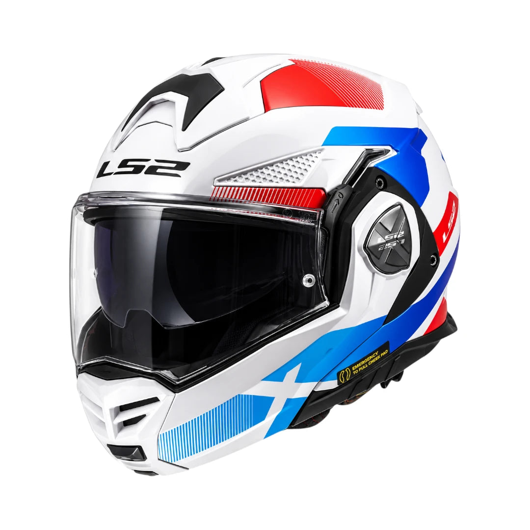 LS2 FF901 Advant X Nova convertible motorcycle helmet in white, blue, and red with a clear visor.